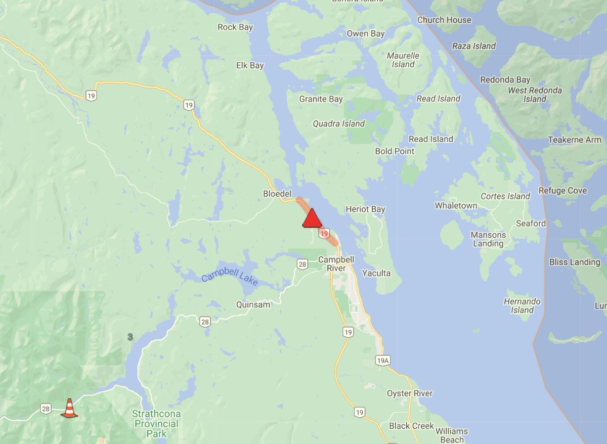 ⚠️REMINDER - #BCHwy19 The highway is reduced to single lane alternating traffic north of #CampbellRiver between Race Point Rd and Orange Point Rd for a vehicle recovery due to an earlier vehicle fire. Crews on scene. Pass with caution. 

ℹ️For more info:
drivebc.ca/mobile/pub/eve…