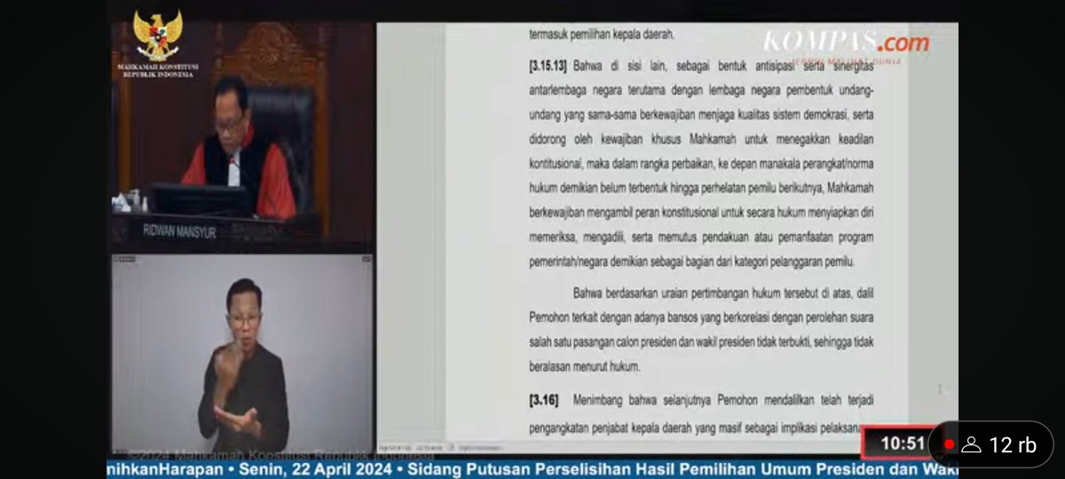 Melihat jalan nya sidang pembacaan putusan dapat saya berasumsi MK menolak seluruh permohonan, mungkin dengan alasan 1 : ter hadap dalil pemohon MK mematuhi UU kekuasaan Kehakiman 2 terhadap eksepsi pihak terkait MK mengenyampingkan UU kekuasaan Kehakiman