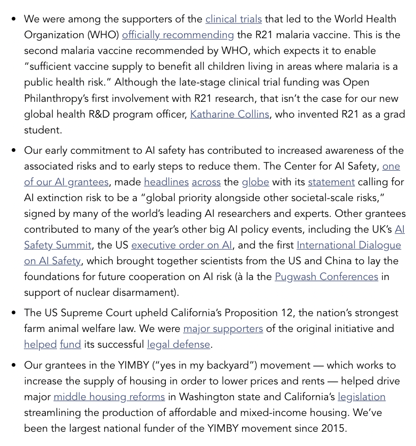AndyMasley's tweet photo. It's nice that last year Open Philanthropy was the single largest funder of both farmed animal welfare &amp; AI safety, saved ~25000 lives via GiveWell, and helped fund the malaria vax's development among other things

BUT instead they could have renovated 1/12th of a train station https://t.co/5kNjddrRGI