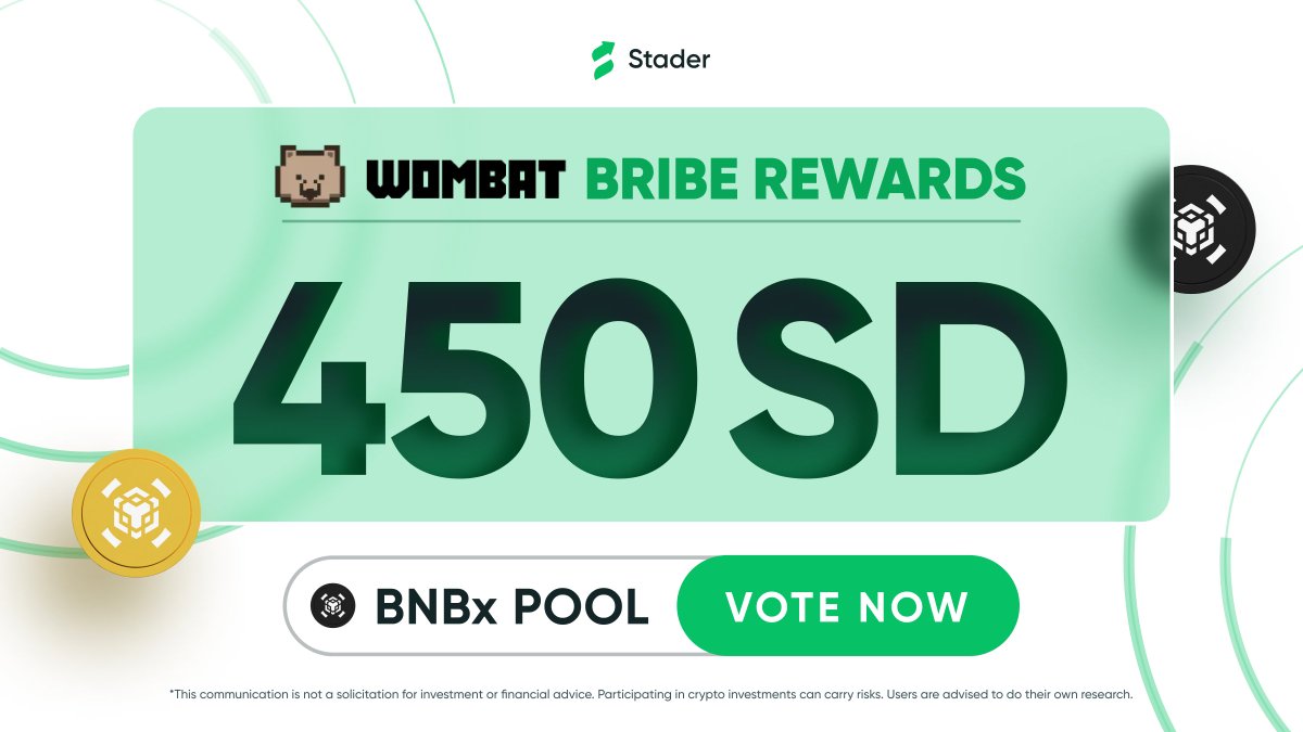 Claimed your extra rewards on @WombatExchange? Our 450 SD bribe reward is live there and up for grabs. Use your $veWOM to vote for the $BNB LSD pool, And grab your share before the epoch is over. Vote Now: bit.ly/4aEFVr8