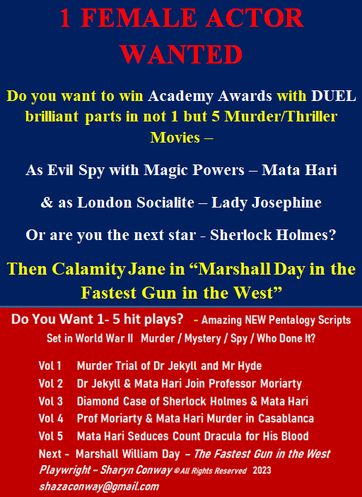 #actor #Actress #Actors #Academy #Agent3 #StarAcademyTour @ActorsEquity @SAGawards @CBGActors @Marketing4Actor 1 FEMALE ACTOR WANTED TO WIN ACADEMY AWARDS in duel parts in not 1 but 5 hit movies - Evil Spy with Magic Powers - Mata Hari and London Socialite - Lady Josephine more