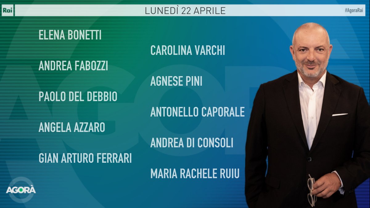 Ecco gli ospiti di Roberto Inciocchi di lunedì #22aprile ad #AgoraRai. Vi aspettiamo dalle 8.00 alle 09:45 su #Rai3 e #RaiPlay.