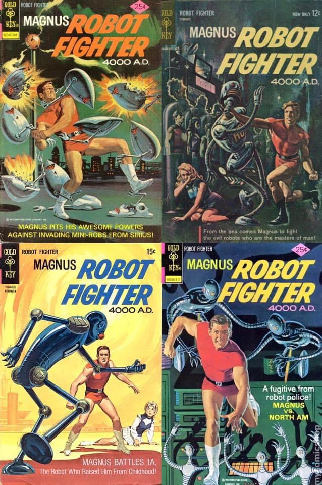 Displayed are four classic comic book covers from the #Magnus Robot Fighter 4000 A.D. series, published by #GoldKey in 1963. Russ Manning, greatly influenced by Isaac Asimov's writings on artificial intelligence, was the creative force behind both the narrative and artwork of…