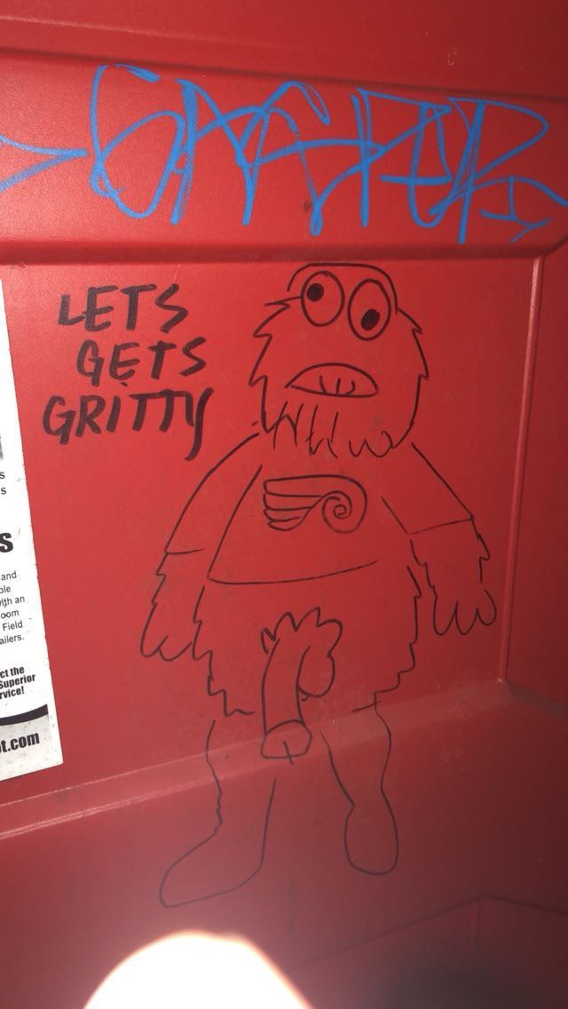 Dave here: Matt said in the episode we just recorded that if this gets 500 retweets he’ll get a tattoo off this @GrittyNHL porta potty art. Make it happen, #Philly. #Eagles #FlyEaglesFly #RingTheBell