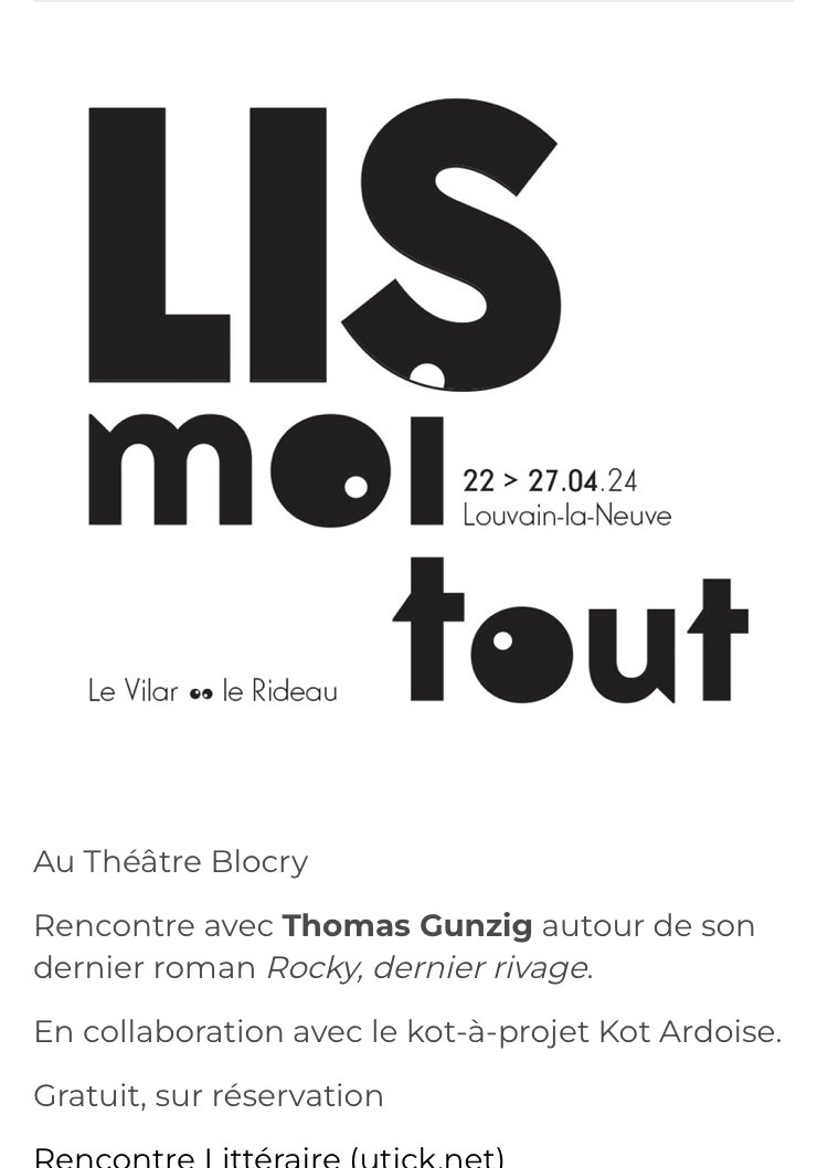 Pour ceux/celles que ça intéresse, je serai demain au théâtre Blocry à Louvain-la-Neuve pour une rencontre littéraire (à 20h)… shop.utick.be/?module=ACTIVI…
