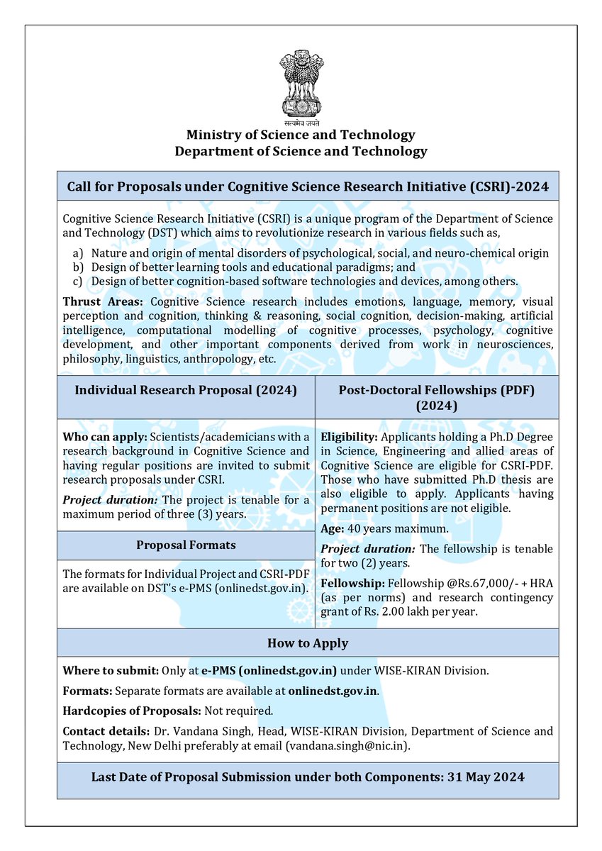 📢 Applications are invited from young #researchers under CSRI-PDF & #research #proposals from #scientists under CSRI @IndiaDST to conduct research in interdisciplinary areas of Cognitive Science. Last Date: 31 May 2024 For more details visit➡️ onlinedst.gov.in