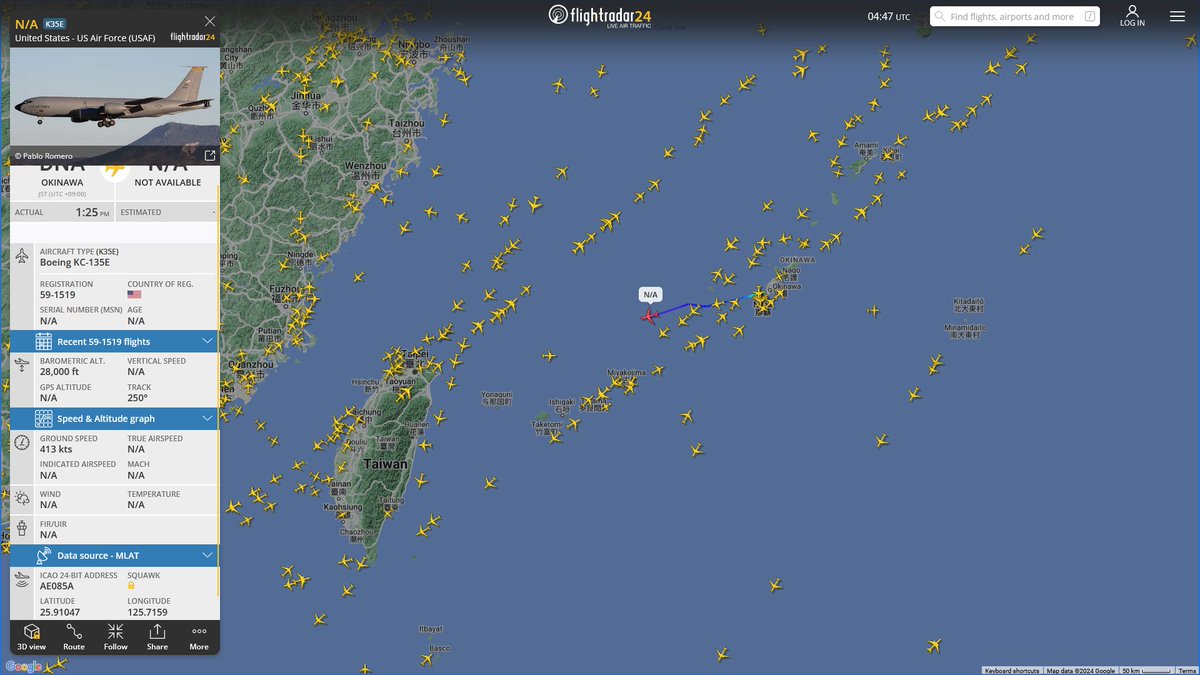 AIYeyENGDdJkjTr's tweet photo. Apr. 22, 2024
#Okinawa Kadena Air Base #East China Sea
#NoCALLSIGN #AE6786 USN P-8A Poseidon
#NoCALLSIGN #AE085A USAF KC-135R Stratotanker https://t.co/u3fKKZmj8a