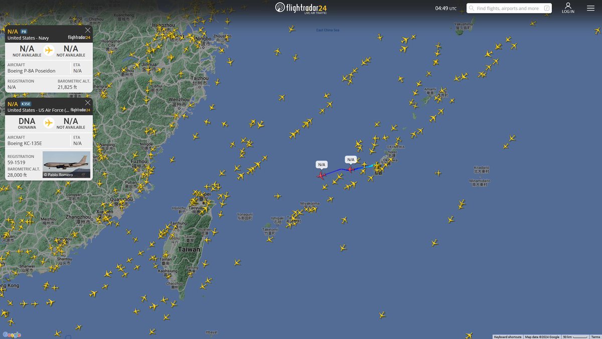 AIYeyENGDdJkjTr's tweet photo. Apr. 22, 2024
#Okinawa Kadena Air Base #East China Sea
#NoCALLSIGN #AE6786 USN P-8A Poseidon
#NoCALLSIGN #AE085A USAF KC-135R Stratotanker https://t.co/u3fKKZmj8a