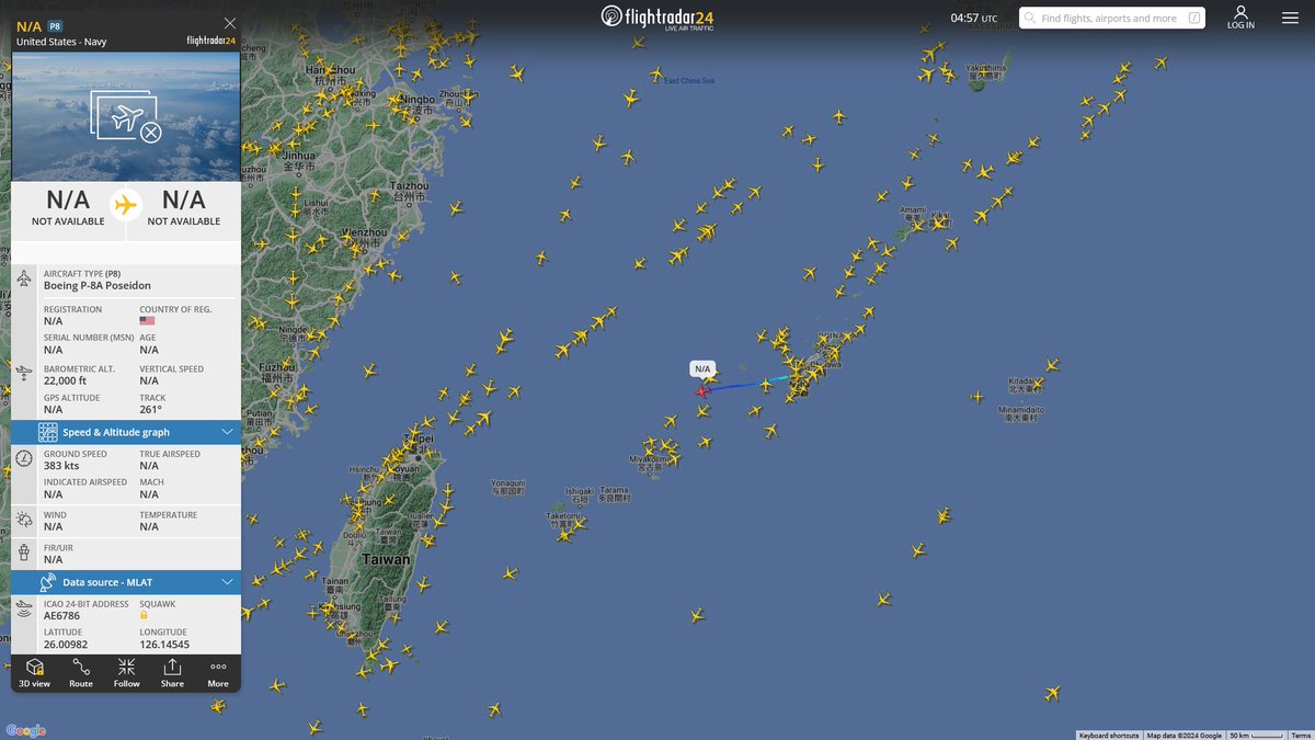 AIYeyENGDdJkjTr's tweet photo. Apr. 22, 2024
#Okinawa Kadena Air Base #East China Sea
#NoCALLSIGN #AE6786 USN P-8A Poseidon
#NoCALLSIGN #AE085A USAF KC-135R Stratotanker https://t.co/u3fKKZmj8a