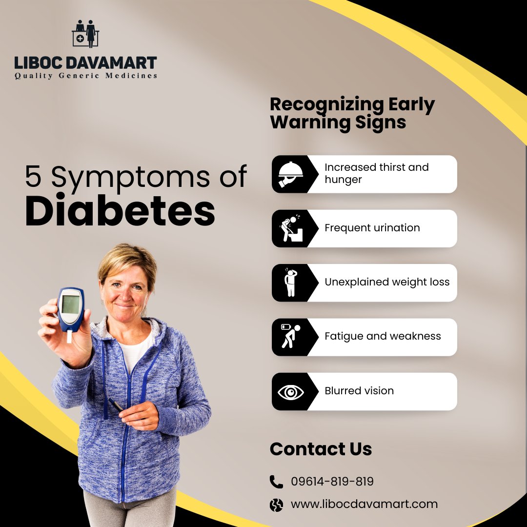 Recognize diabetes symptoms early with Liboc Davamart! Increased thirst, frequent urination, weight loss, fatigue, blurred vision. Get affordable generic medicines in Delhi. #Diabetes #Health #GenericMedicines #Delhi #Pharmacy