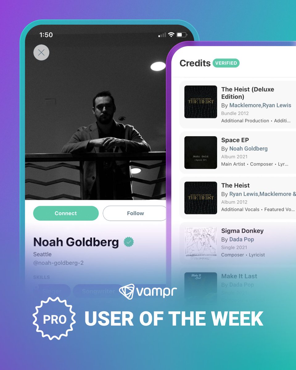 🎶 Say hello to this week’s #Vampr User of the week Noah Goldberg, who is a #MultiPlatinum #Producer, #Singer, #Songwriter, #Composer & #Pianist, who has worked with the likes of @macklemore! 😍 Connect with Noah on Vampr today: vampr.me/artist/noah-go…🙌 #NoahGoldberg