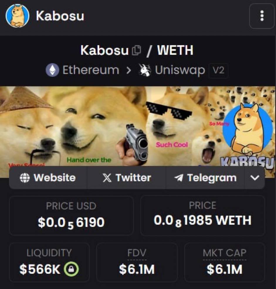 Many people become rich with Doge coin in 2021 but they still don't know anything about $Kabosu. 10M MC is currently not the true value of this token, watch this dog because it will be very special in this cycle.

Check out Kabosu/WETH on DEX Screener! dexscreener.com/ethereum/0x840…