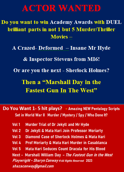 #actor #Actress #Actors #Academy #Agent3  @ActorsEquity @SAGawards @CBGActors
@Marketing4Actor 1 ACTOR WANTED TO WIN ACADEMY AWARDS in duel parts in not 1 but 5 hit moves - A crazed insane Mr Hyde & Inspector Stevens boss of MI6 - R U the next Sherlock Holmes? Can you draw fast?