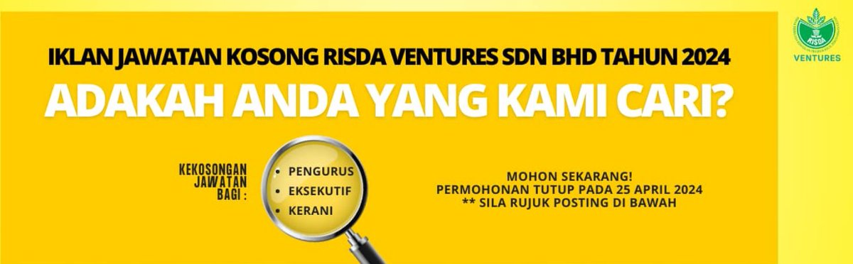 ✅ RUBBER INDUSTRY SMALLHOLDERS DEVELOPMENT AUTHORITY (RISDA)

Jawatan  
* Pengurus
* Eksekutif
* Kerani

📌 Iklan Penuh : peluangkerjaya.com/jobs/rubber-in…

#kerjakosong #jawatankosong #peluangkerjaya #carikerja #hiringnow #jobstreet