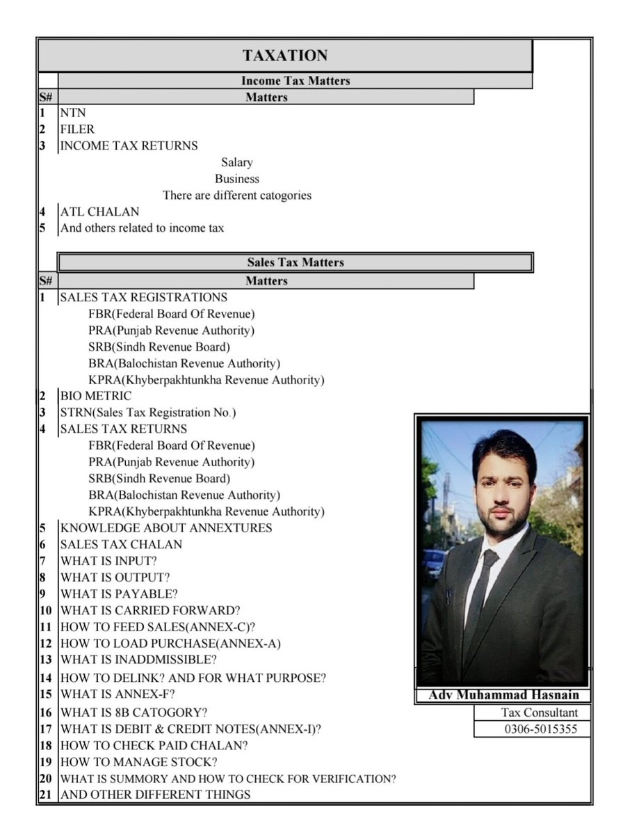 #Tax_Matters_Outline(Income Tax & Sales Tax).

#NTNRegistration #SalesTaxReturn #taxconsultant #incometaxreturn #incometaxreturnfiling