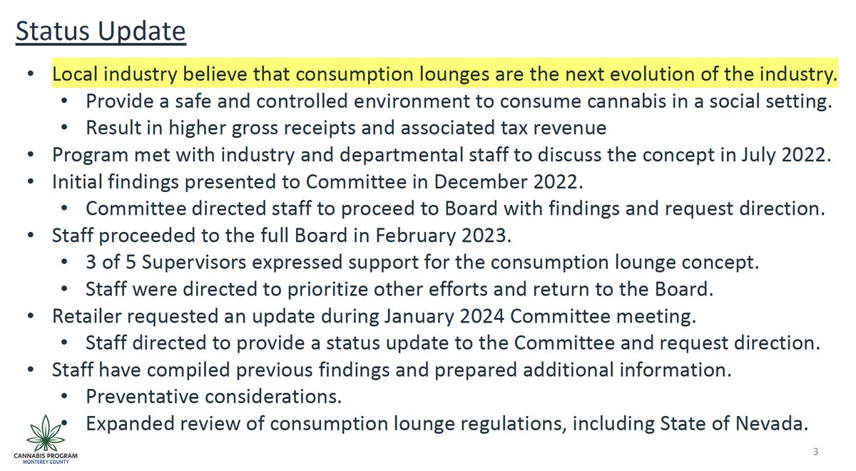 Monterey County Board of Supervisors 4/21/2024 will get status update on a 'new business type' described as 'commercial cannabis consumption lounges.' monterey.legistar.com/LegislationDet… List of California jurisdictions already permitting them: monterey.legistar.com/View.ashx?M=F&…