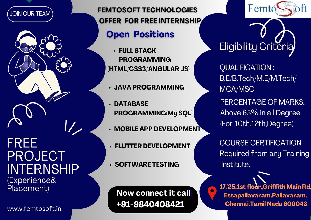 Unleash Your Potential: Femtosoft Free Internship
Get Hands-On Experience with Femtosoft Technologies
Join us on the cutting edge of innovation!
#FreeInternship
#interns
#internshipprogram
#internshipopportunity
#internship 
#femtosofttechnologies
femtosoft.in