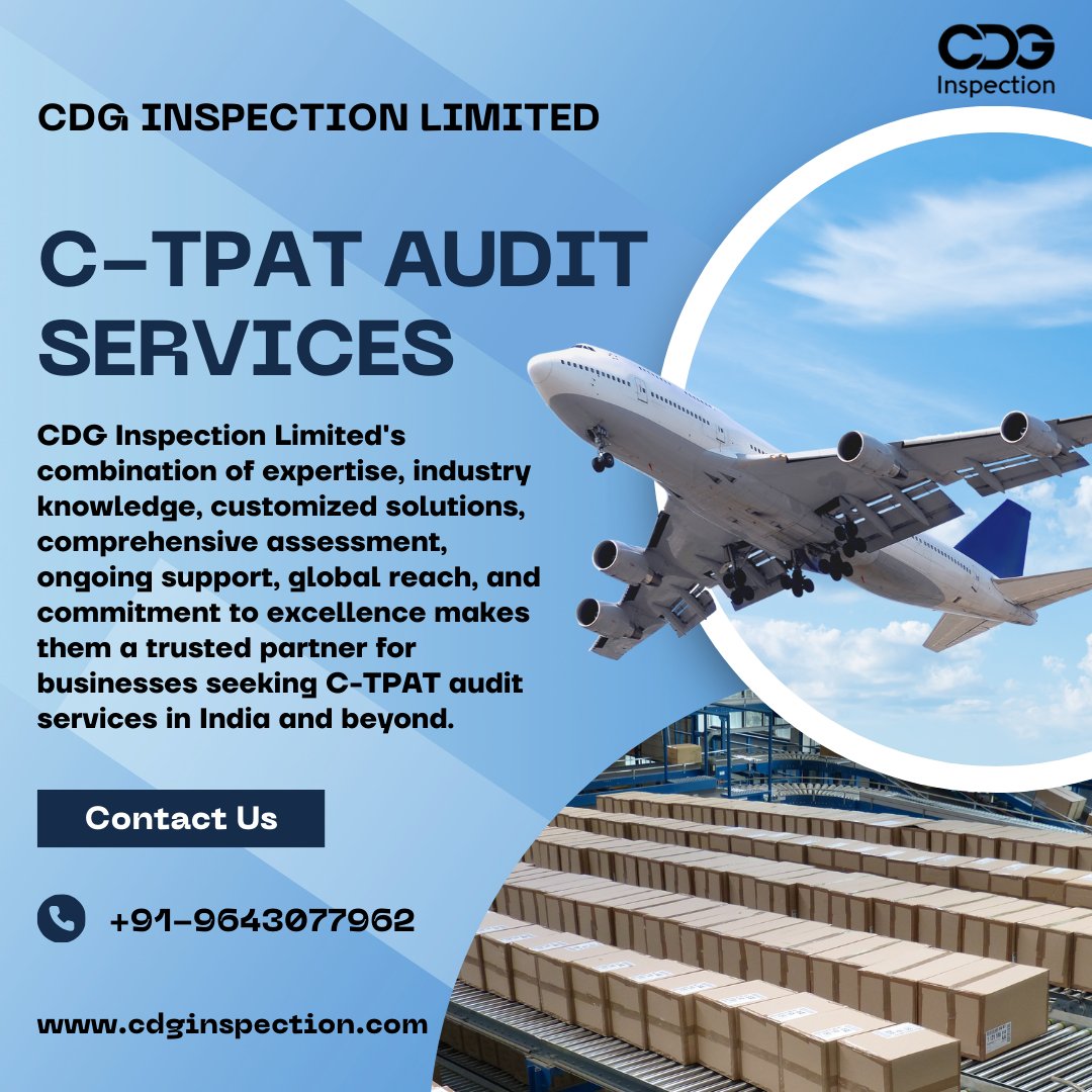Strengthen your supply chain security with CDG Inspection Limited's C-TPAT audit services! Our tailored solutions and expert guidance help businesses fortify their defenses against terrorism-related threats and streamline customs procedures. 
 #CTPATAudit #SupplyChainSecurity