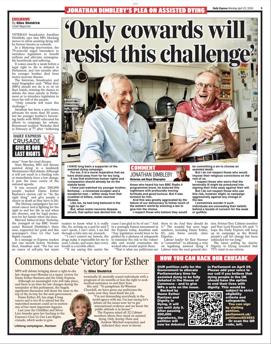 Excl: MPs blocking moves to allow assisting dying will be forever known as cowards - @dimbleby_jd. 'What they should not do is to sit on their hands, resisting the chance to debate the issue openly in parliament or to introduce legislation to meet the will of the people.'