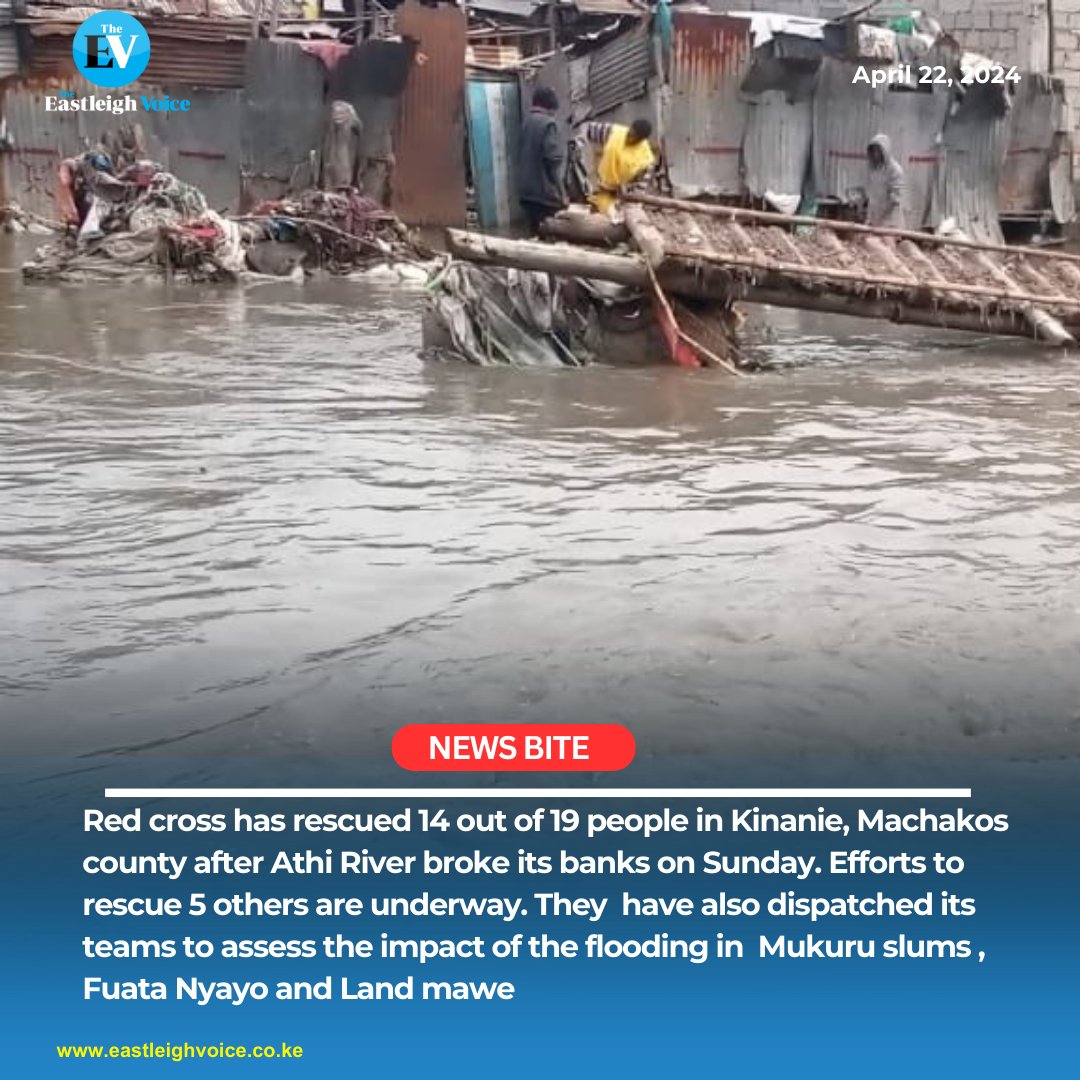 Red cross has rescued 14 out of 19 people in Kinanie, Machakos county after Athi River broke its banks on Sunday.