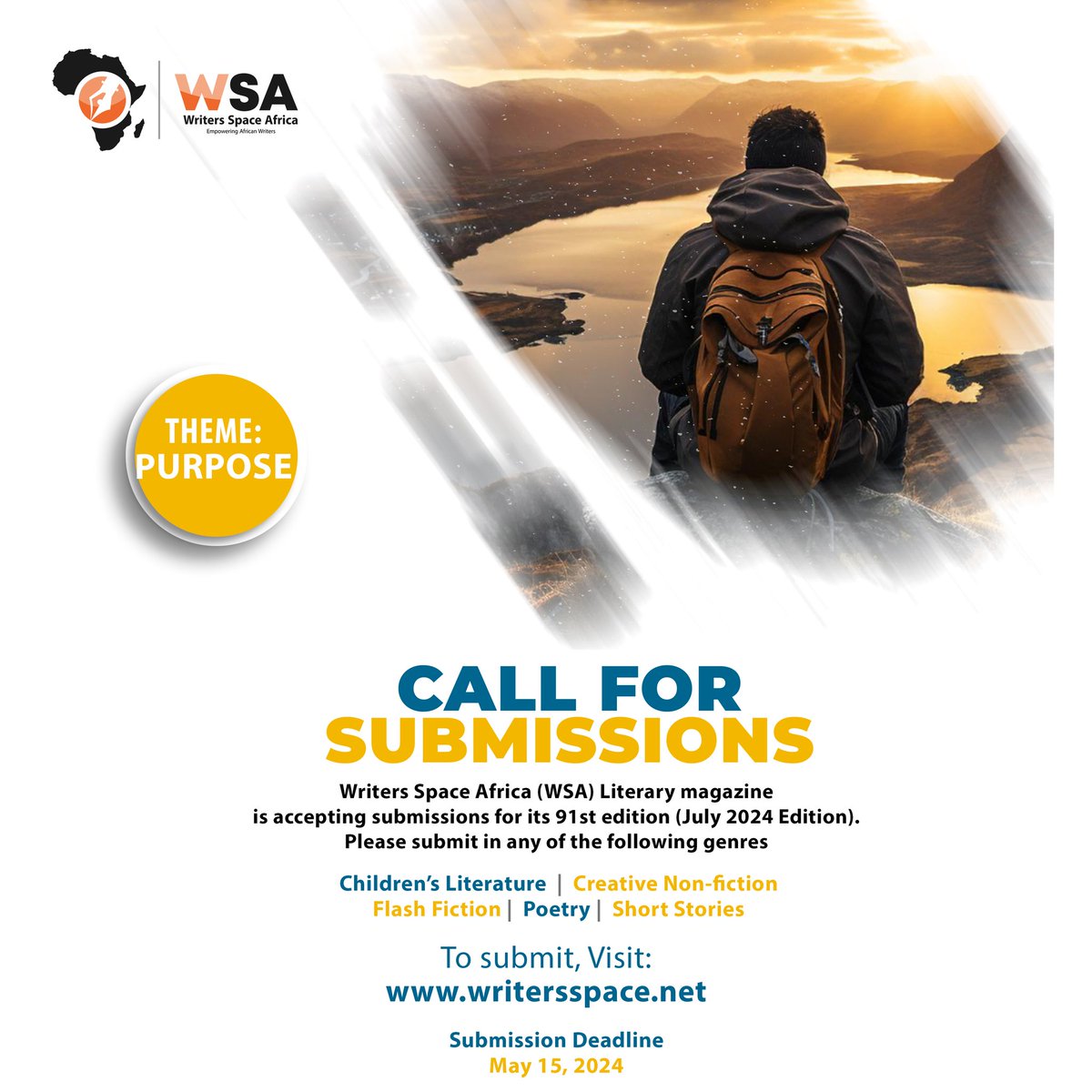 wsacentre's tweet photo. CALL FOR SUBMISSION! 

WSA is calling 📞. Pick up your pen. 

We are accepting submissions for our 91st Edition (July 2024 Edition) for the attached genres. 

We can't wait to read your works. 

#wsa #submission #writers #writing #stories #fiction #poems #children #literature https://t.co/1nUtroDLRd