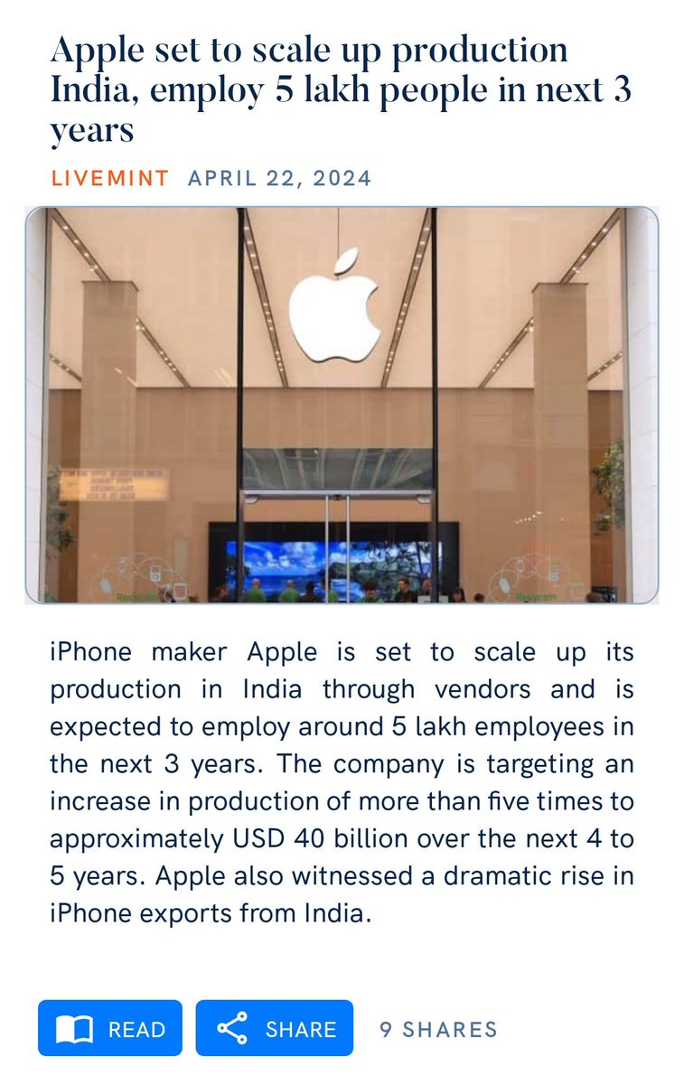 Apple set to scale up production India, employ 5 lakh people in next 3 years livemint.com/companies/news…