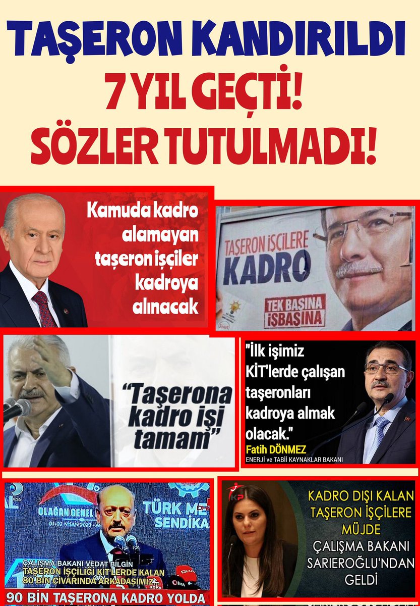 #TaşeronaKadroMeclise
Haksızlıkların son Bulması için Yapılan ayrımın Son bulması için Kamuda Kadrolu Kadrosuz Ayrımının Son bulması için Verilen sözler Tutulsun @RTErdogan @dbdevletbahceli @vedatbilgn @isikhanvedat @Akparti @akbasogluemin Tüm Taşeronlara Ayrımsız Kadro