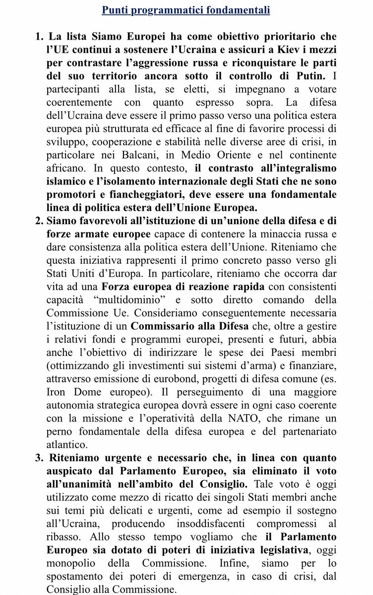 CarloCalenda's tweet photo. LA POSIZIONE “SI e NO” DEL FRONTE EUROPEISTA.
Cecilia Strada e Giorgio Gori. Annalisa Corrado e Stefano Bonaccini. Marco Tarquinio e Dario Nardella. Pina Picierno e Jasmine Cristallo. Gianfranco Librandi e Emma Bonino. Matteo Renzi e Enzo Maraio. Sandra Mastella e i radicali che faranno parte della lista.
C’è un netto predominare del “ma anche” nelle liste del campo dell’opposizione europeista. 
Le coppie che ho nominato hanno idee completamente diverse su Ucraina e transizione ecologica. Due dei temi fondamentali dell’agenda europea. Dubito che Bonaccini sia favorevole a chiudere immediatamente le fonti fossili come la Corrado, o che Giorgio Gori consideri il taglio dell’invio delle armi all’Ucraina un percorso verso la pace come la Strada. Stessa cosa per ciò che concerne Tarquinio verso Nardella. O ancora Bonino la pensa come Librandi sull’Arabia Saudita paradiso per le donne senza velo e sulla necessità di spingere l’Ucraina alla resa? E ancora, Renzi strepita contro il green deal e Timmermans che lo ha varato, ma i socialisti con cui fa la lista - e da cui Timmermans proviene - sono i primi sostenitori del Green deal. E se eletti nella lista Stati Uniti d’Europa continueranno in questo senso, nel PSE. 
Questi sono solo alcuni esempi di ciò che accadrà nelle liste dell’area liberal-progressista. 
Al fondo c’è una profonda presa in giro degli elettori che votano partiti o somme di partiti privi di una linea politica precisa sui dossier più importanti.
La stessa cosa non accadrà per @Azione_it - Siamo Europei. Per questo abbiamo voluto firmare, con tutte le forze che compongono la lista, come prima cosa, un programma in dieci punti molto netto e senza ambiguità. 
Non rifonderemo l’UE con il “un po’ di qua e un po’ di là”. 
E se questa è la “non linea” dei partiti europeisti, allora i Sovranisti hanno già vinto.
