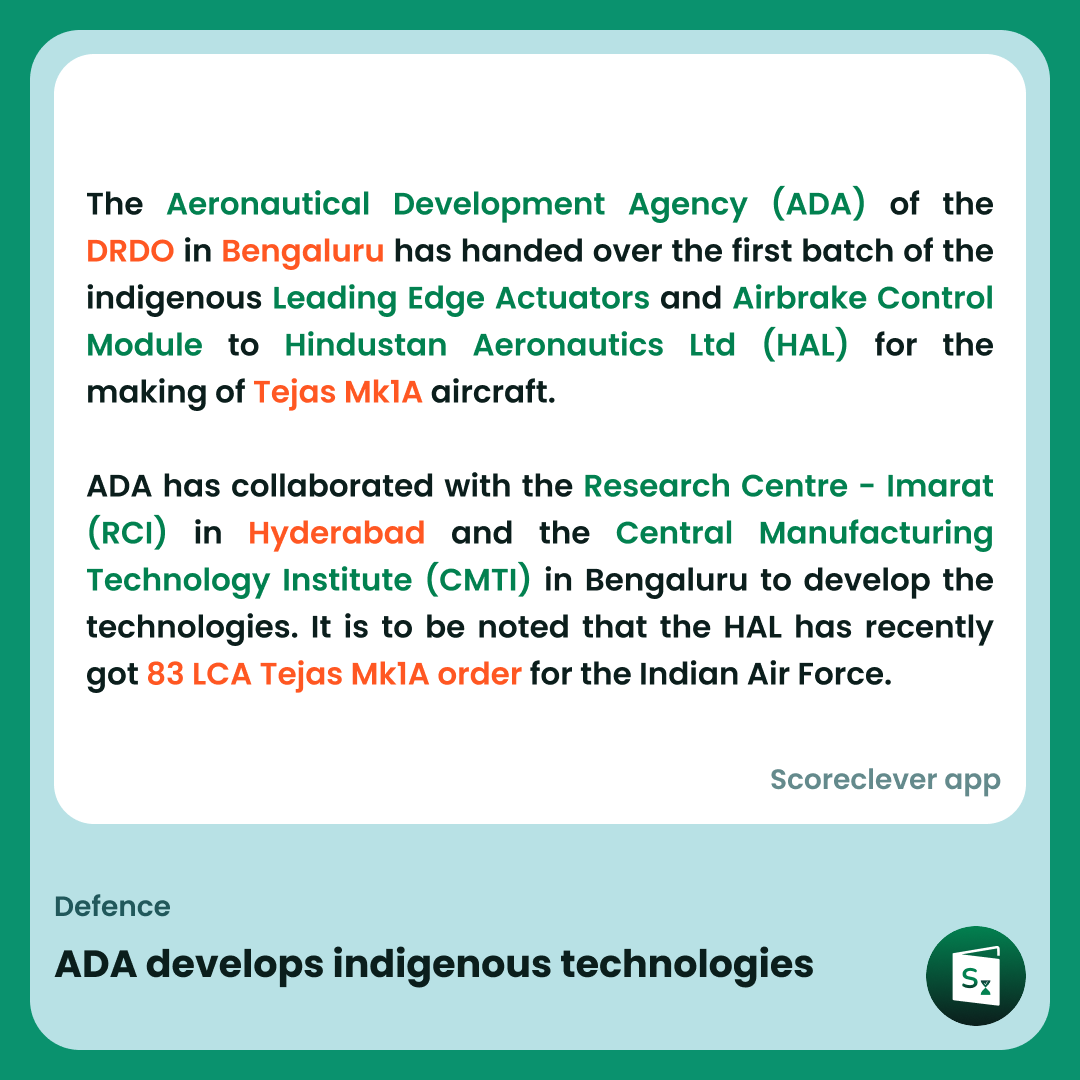 🟢🟠 𝐈𝐦𝐩𝐨𝐫𝐭𝐚𝐧𝐭 𝐍𝐞𝐰𝐬: ADA develops indigenous technologies

Follow Scoreclever News for more

#ExamPrep #UPSC #IBPS #SSC #GovernmentExams #DailyUpdate #News