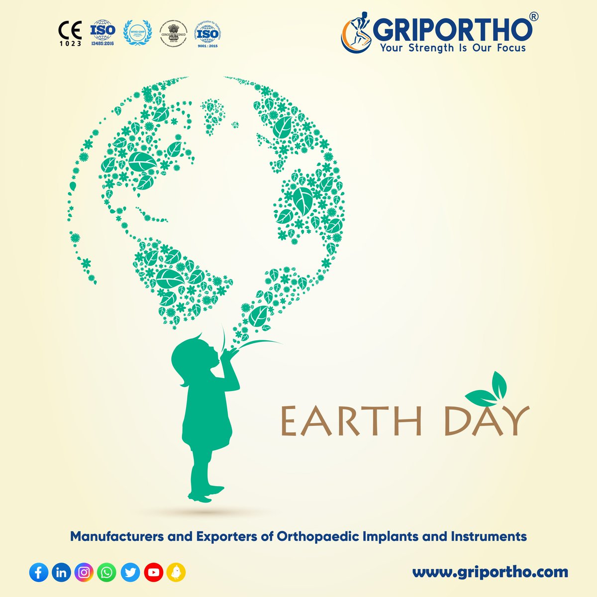 Earth rejoices our words, breathing, and peaceful steps. Let every breath, every word, and every step make mother earth proud of us.
.
.
.
#griportho #india #Earthday #orthopedicsurgery #orthopedicsurgeon #instrument #injury #orthopedicdoctor #hospital #sports #Export #India #FDA