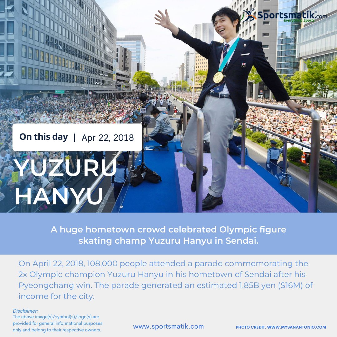 On April 22, 2018, 108,000 people attended a parade commemorating the 2x Olympic champion Yuzuru Hanyu in his hometown of Sendai after his Pyeongchang win. The parade generated an estimated 1.85B yen ($16M) of income for the city. sportsmatik.com #YuzuruHanyu #羽生結弦
