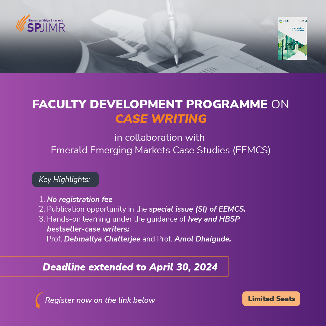 In response to numerous requests, the deadline for registration for the FDP and submission of the draft case and teaching note has been extended until April 30, 2024. Don't miss this opportunity. Register now: forms.gle/Di25LEeBhhB7RV… #IamSPJIMR #Casewriting #Casestudies