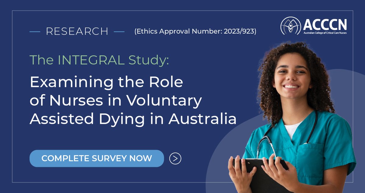 Shape the future of end-of-life care in Australia! Join the INTEGRAL Study examining nurses' role in Voluntary Assisted Dying. Survey: ow.ly/4kzY50RkP2g Ethics Approval Number: 2023/923 #Healthcare