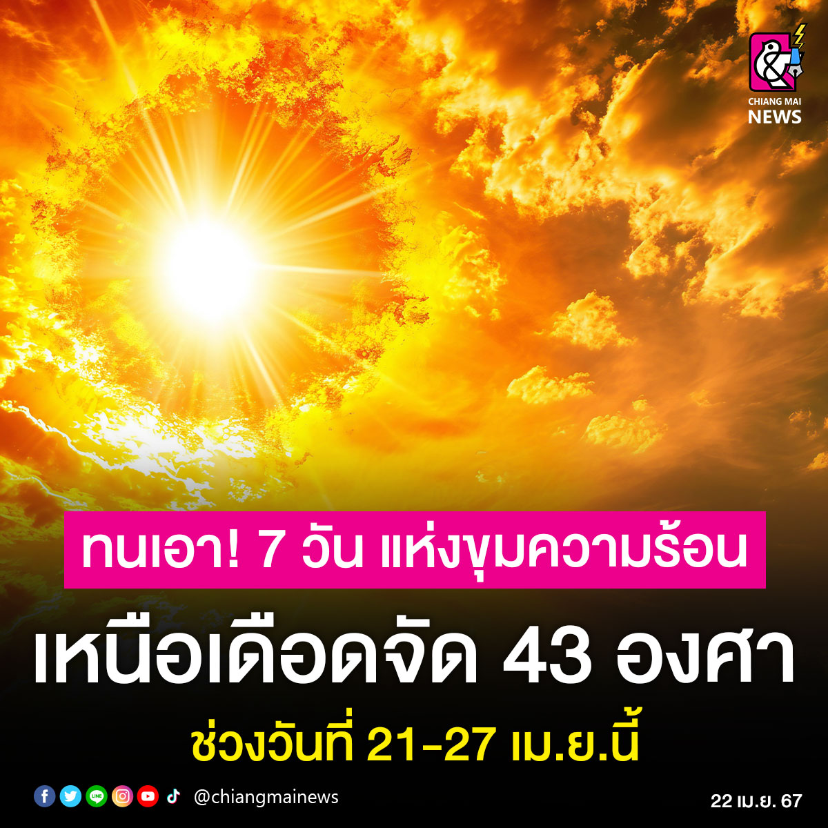 ฮ้อนแต๊ฮ้อนว่า ‼️ 7 วันแห่งขุมความร้อน ภาคเหนือเดือดสุด 43 องศา ศูนย์อุตุนิยมวิทยาภาคเหนือ เตือนช่วงวันที่ 21-27 เม.ย. 67 ภาคเหนือจะร้อนสุดขั้ว อากาศร้อนถึงร้อนจัดสูงถึง 43 องศาเซลเซียส มีฟ้าหลัวในตอนกลางวัน ฝนฟ้าคะนองร้อยละ 10 ของพื้นที่ #เชียงใหม่นิวส์ #chiangmainews