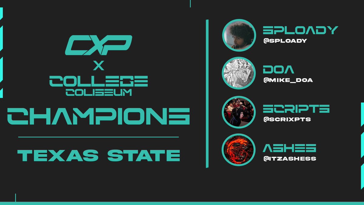 History has been solidified as <a href="/TXSTEsports/">TXST Esports</a> becomes the first ever champions of the Coliseum 🏆

<a href="/sploady/">spløady</a> 👑
<a href="/Mike_DOA/">DOA</a> 👑
<a href="/scrixpts/">‏ً</a> 👑
<a href="/ItzAshess/">Ashes</a> 👑