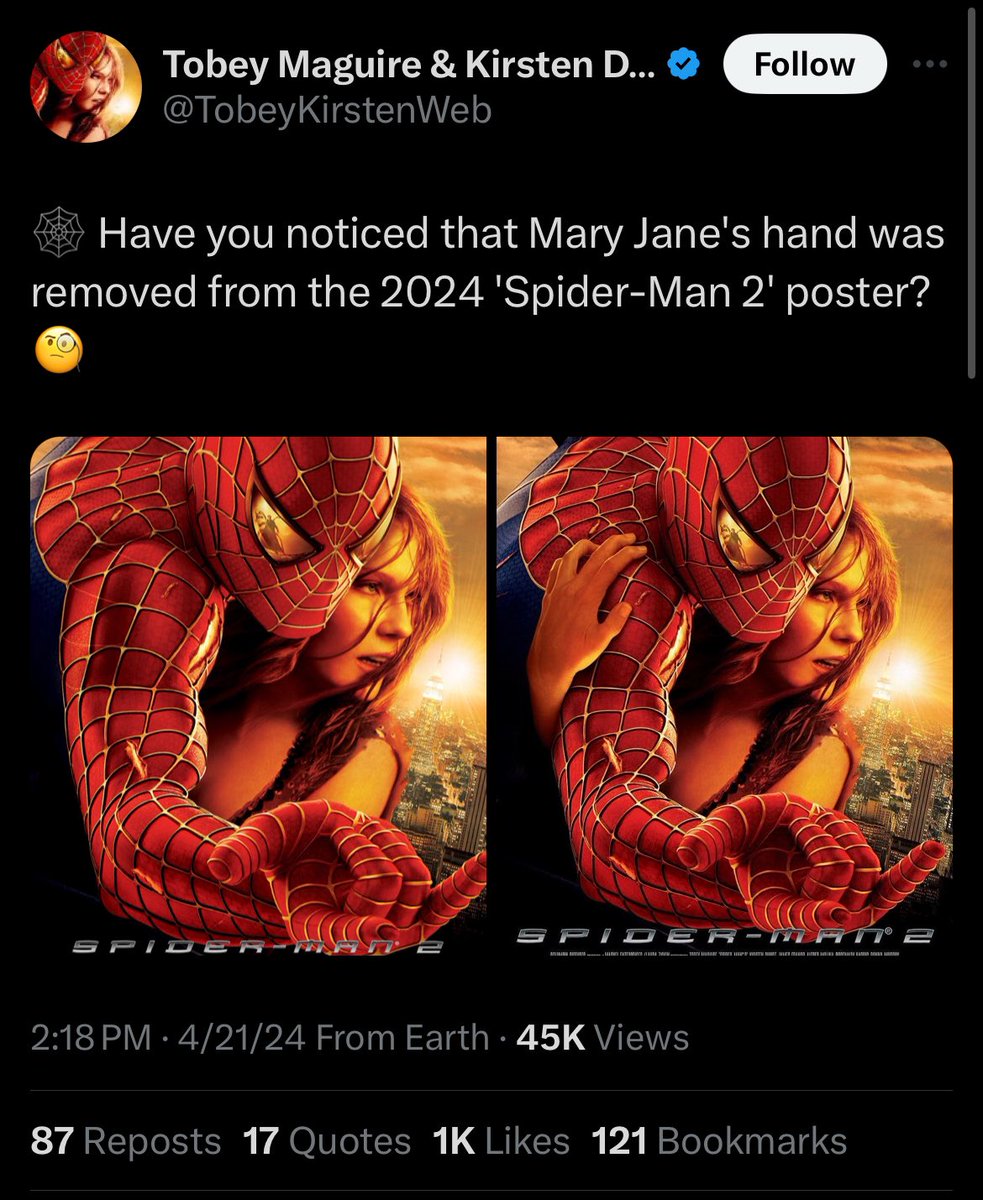 In the 2024 poster they removed Mj's hand around Spider-Man. #Spiderman2, image size:983x1200
