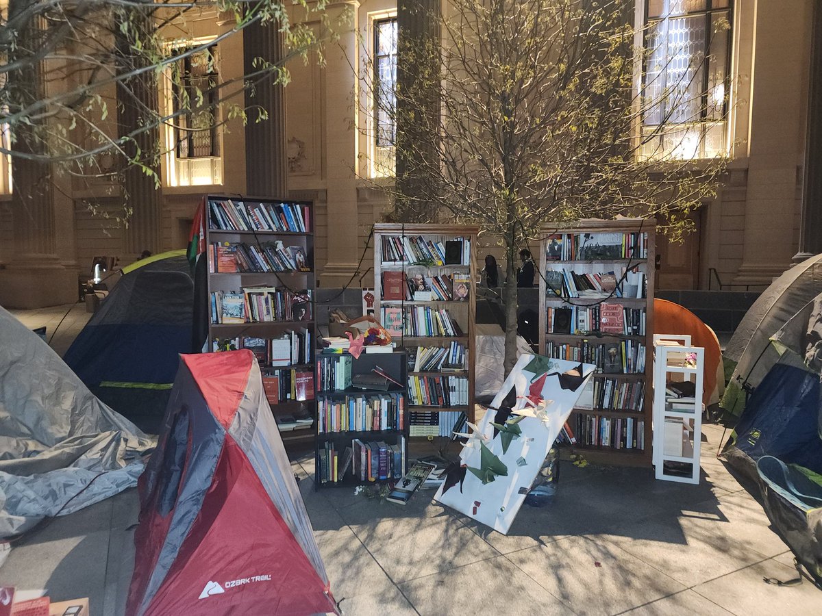 The protestors' encampment at Yale looks like a peaceful gathering of people from diverse backgrounds (middle America, Korea, South Asia, Jews, Muslims, non-religious) concerned about thousands of children being murdered in Gaza. Books not bombs. Even pathways to bldgs are clear.