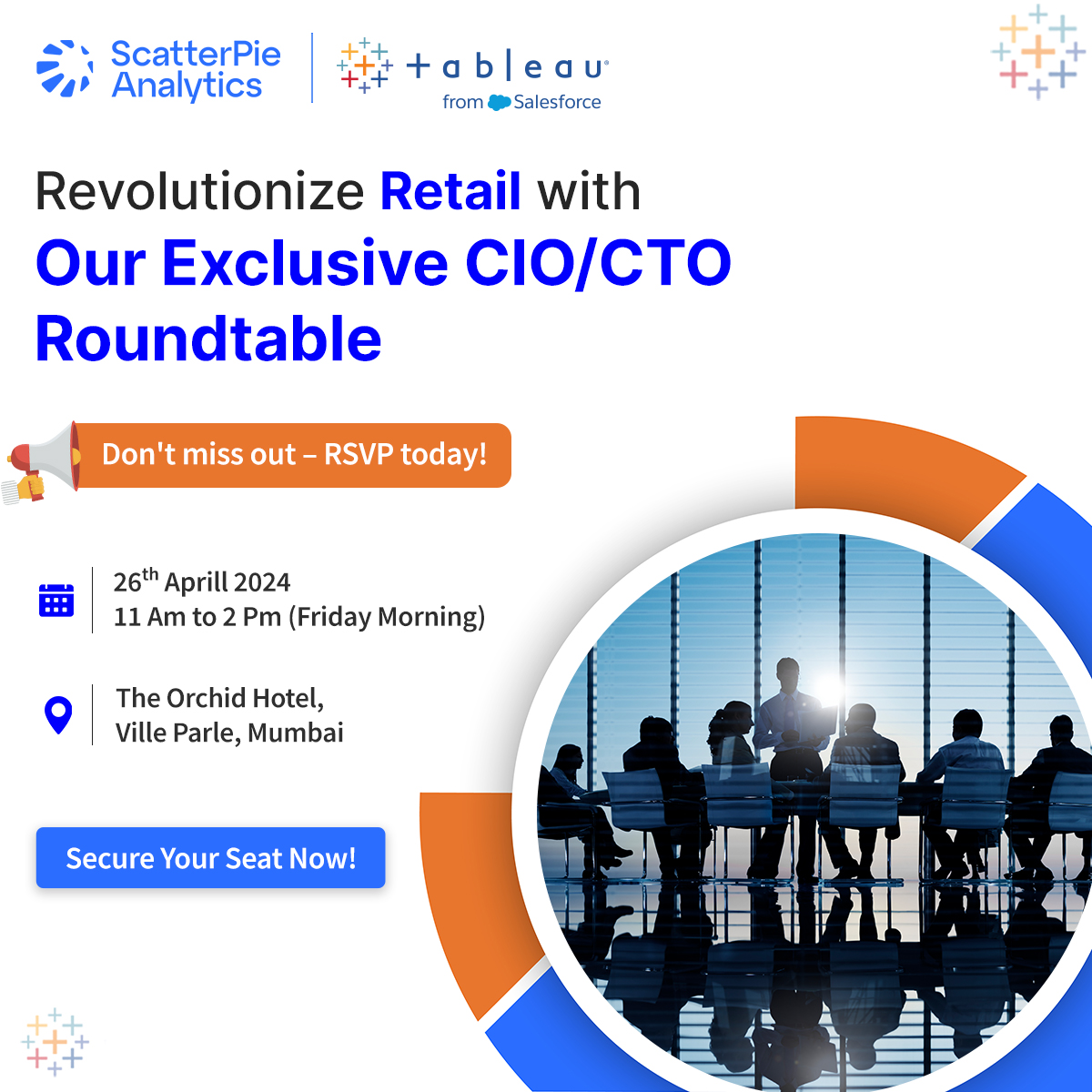 WeAreScatterPie's tweet photo. 📢Calling All Retail Innovators: Join Our CIO/CTO Roundtable Meet 🌟

📅 Date: 26th April, 2024
🕒 Time: 11 Am to 2 Pm (Friday Morning)
🏢 Venue: The Orchid Hotel, Ville Parle, Mumbai

#ScatterpieAnalytics #CIO #CTO #RoundtableMeet #RetailIndustry https://t.co/QTYE2Ww6uI