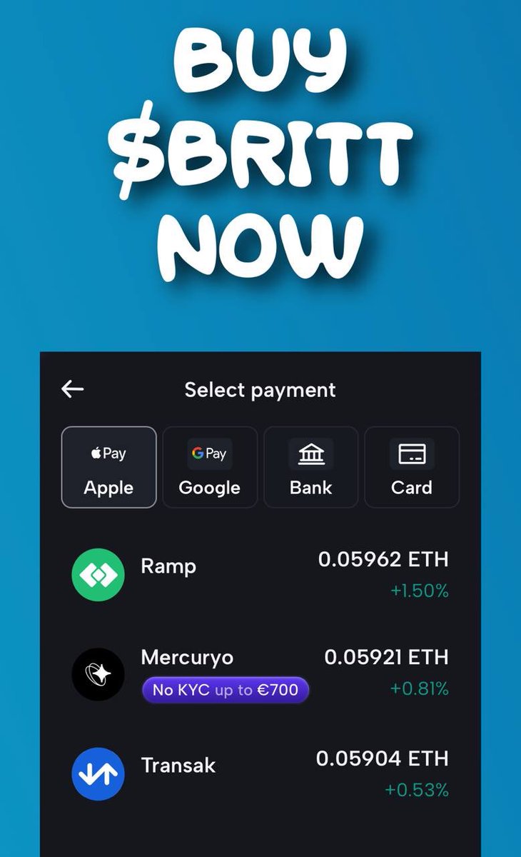 Apple pay & Google pay is now available on our website as a buy option via @flooz_xyz we are one the first on @base to onboard this feature as we strive to make it as easy as possible for our users to buy $BRITT 💙