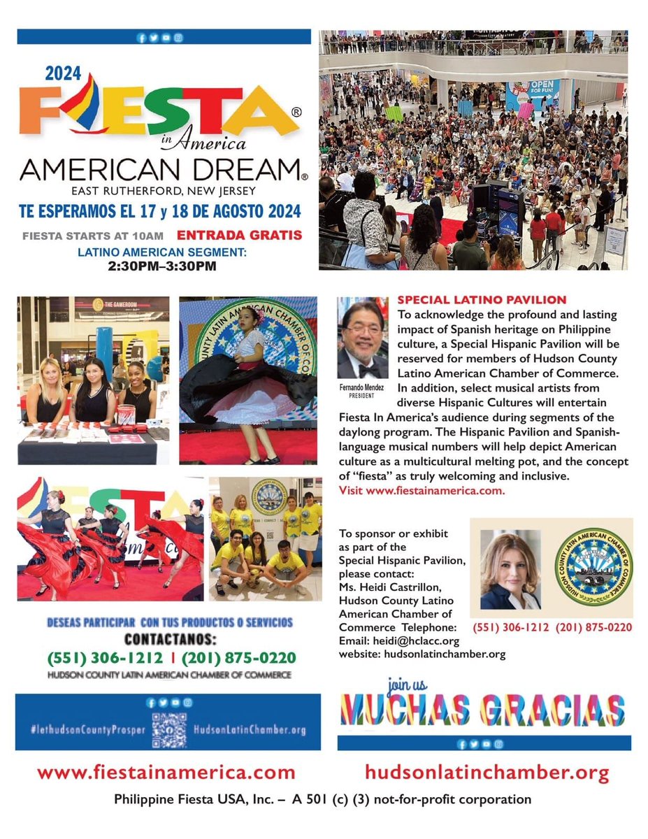 #NewJersey | Plan now for “Fiesta In America Expo 2024” on Aug 17-18 at @americandream. Sponsor, Exhibit or Advertise now at a special rate. Visit gophilippines.co or fiestainamerica.com. For attendees, #FreeAdmission. (551) 306-1212, (201) 875-0220, heidi@hclacc.org.
