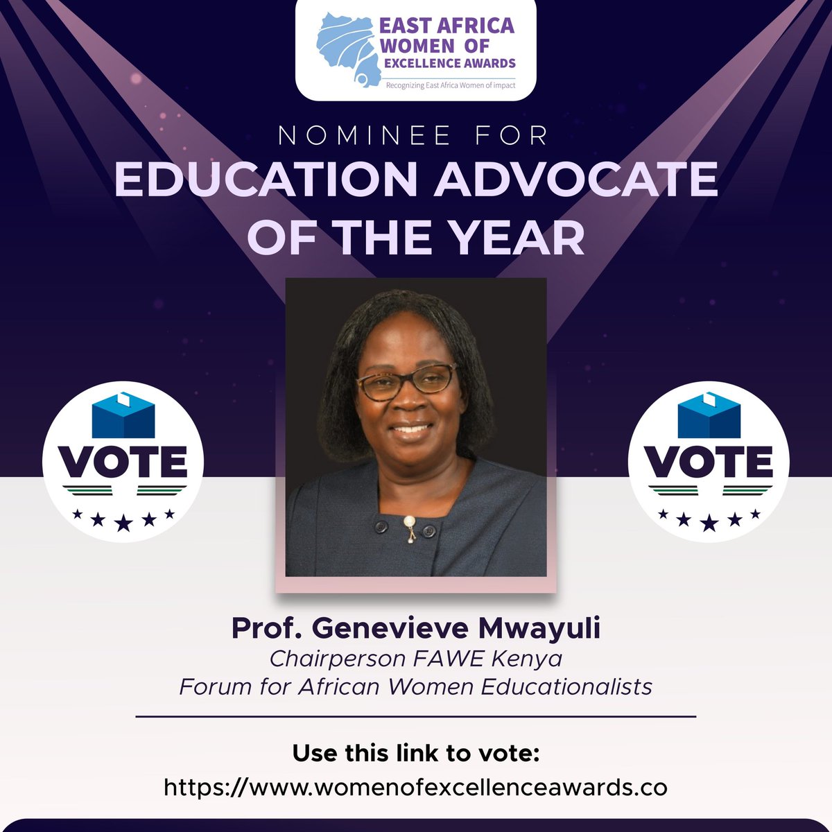 Exciting news! Professor Genevieve Mwayuli, Chairperson of FAWE Kenya Chapter, has been nominated for the prestigious Education Advocate of the Year award. Your vote is crucial to inspire and empower women globally. Please show your support by clicking on the link below to cast