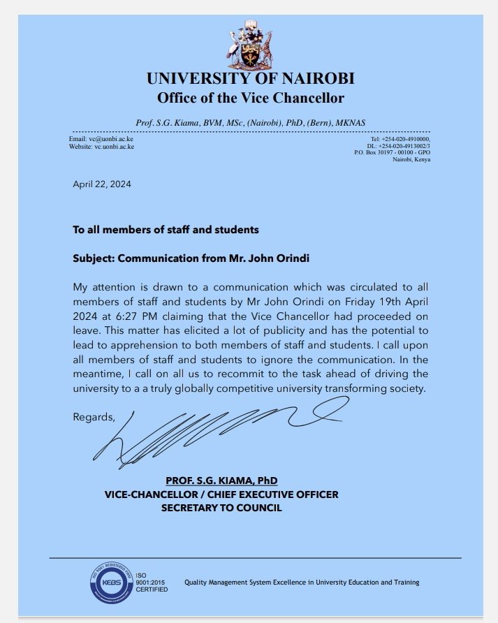⚡UON: Embattled University of Nairobi Vice Chancellor Prof. Kiama rubbishes news of his leave.

Tells staff and students to 'ignore the communication'