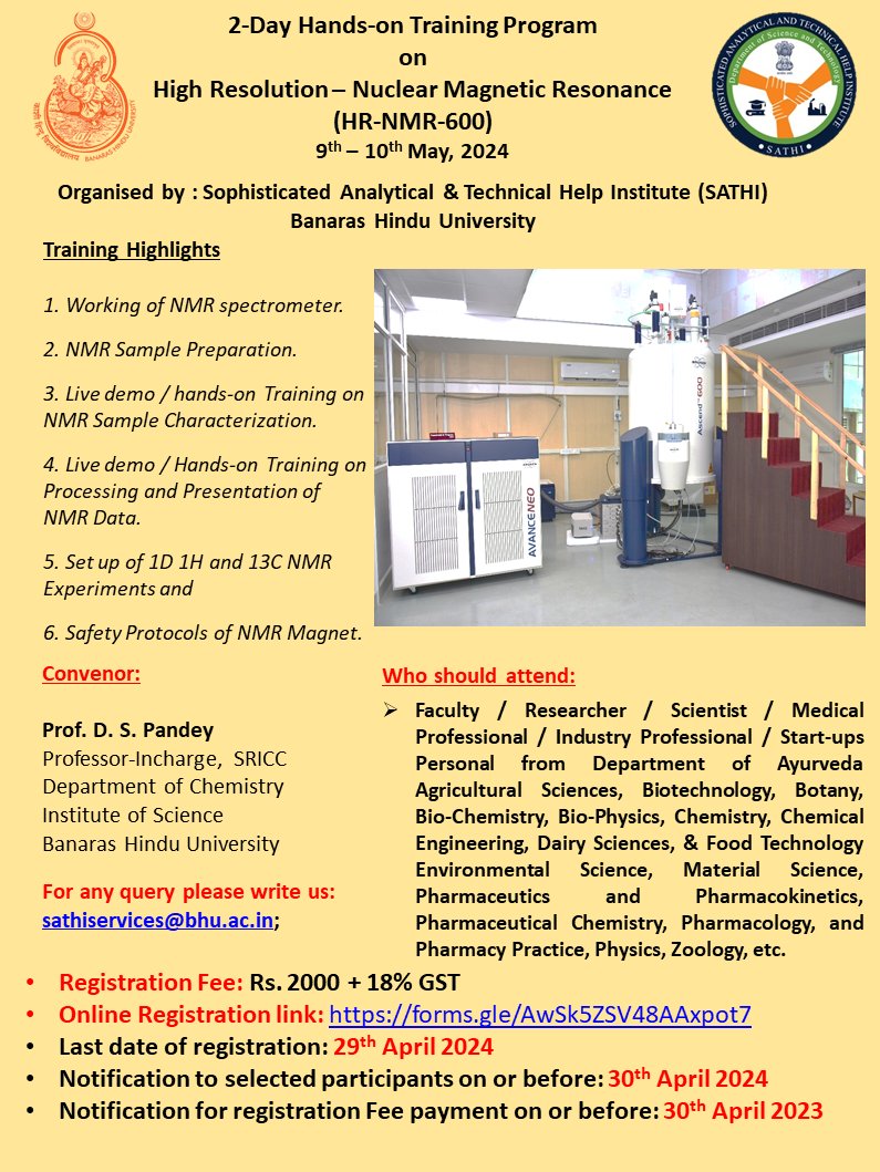 🌟Don't miss out on this exciting opportunity! Join our 2-Day Hands-on Training Program for HR-NMR-600 on May 9-10, 2024. Enhance your skills and seize the chance to grow! Register now: forms.gle/AwSk5ZSV48AAxp… #HRNMR600  #TrainingProgram #Skillupgrade🚀
@VCofficeBHU @IndiaDST