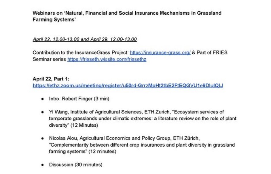 Join us today!   First Webinar on ‘Natural, Financial and Social Insurance Mechanisms in Grassland Farming Systems’   Registration ethz.zoom.us/meeting/regist…   Contribution to the InsuranceGrass project insurance-grass.org