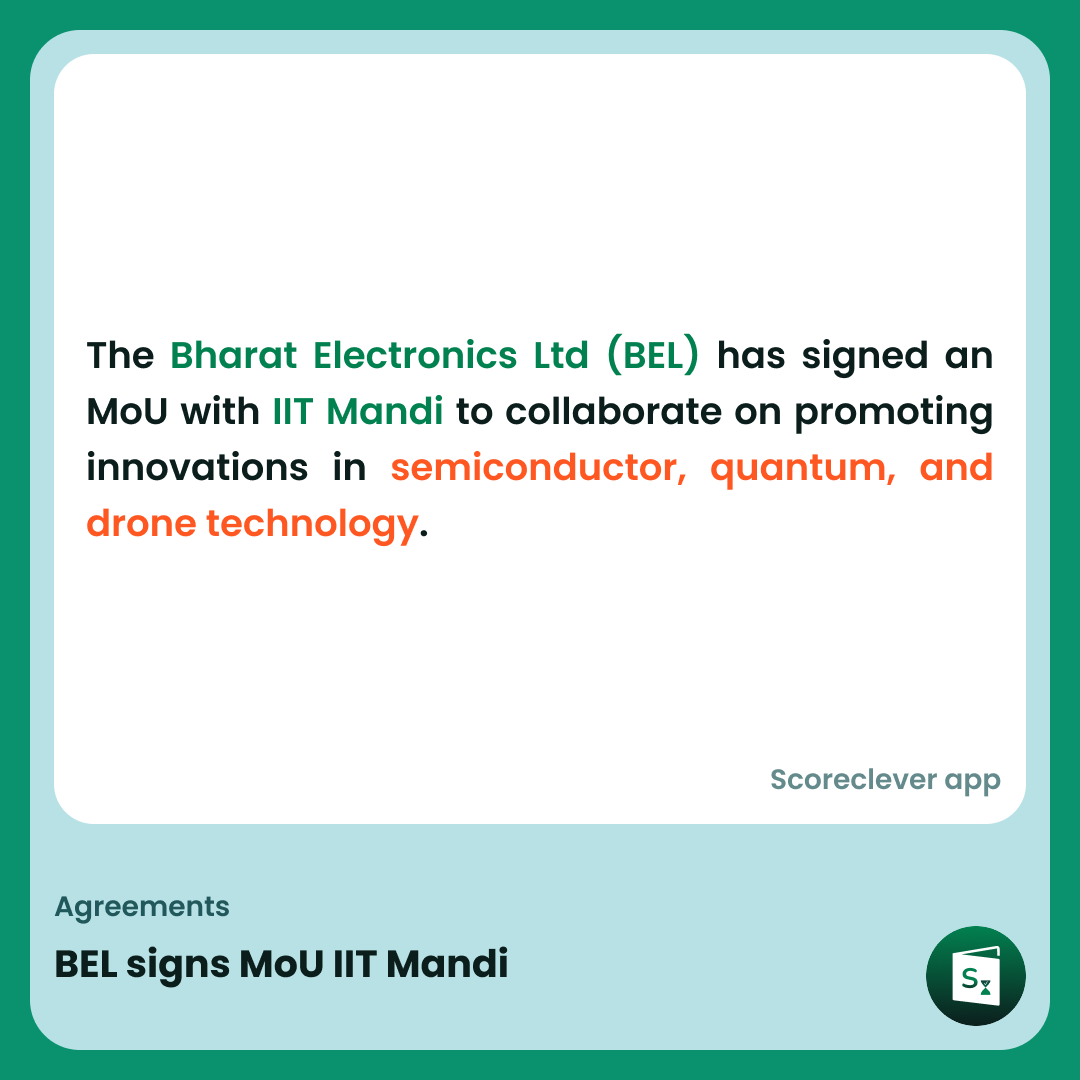 🟢🟠 𝐈𝐦𝐩𝐨𝐫𝐭𝐚𝐧𝐭 𝐍𝐞𝐰𝐬: BEL signs MoU IIT Mandi

Follow Scoreclever News for more

#ExamPrep #UPSC #IBPS #SSC #GovernmentExams #DailyUpdate #News