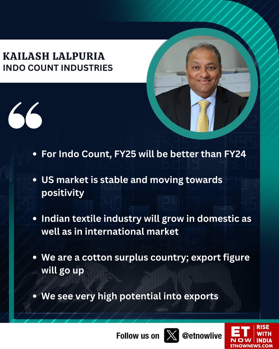 #OnETNOW | 'We see very high potential into exports,' says Kailash Lalpuria of  Indo Count Industries

@IndoCount #IndoCountIndustries