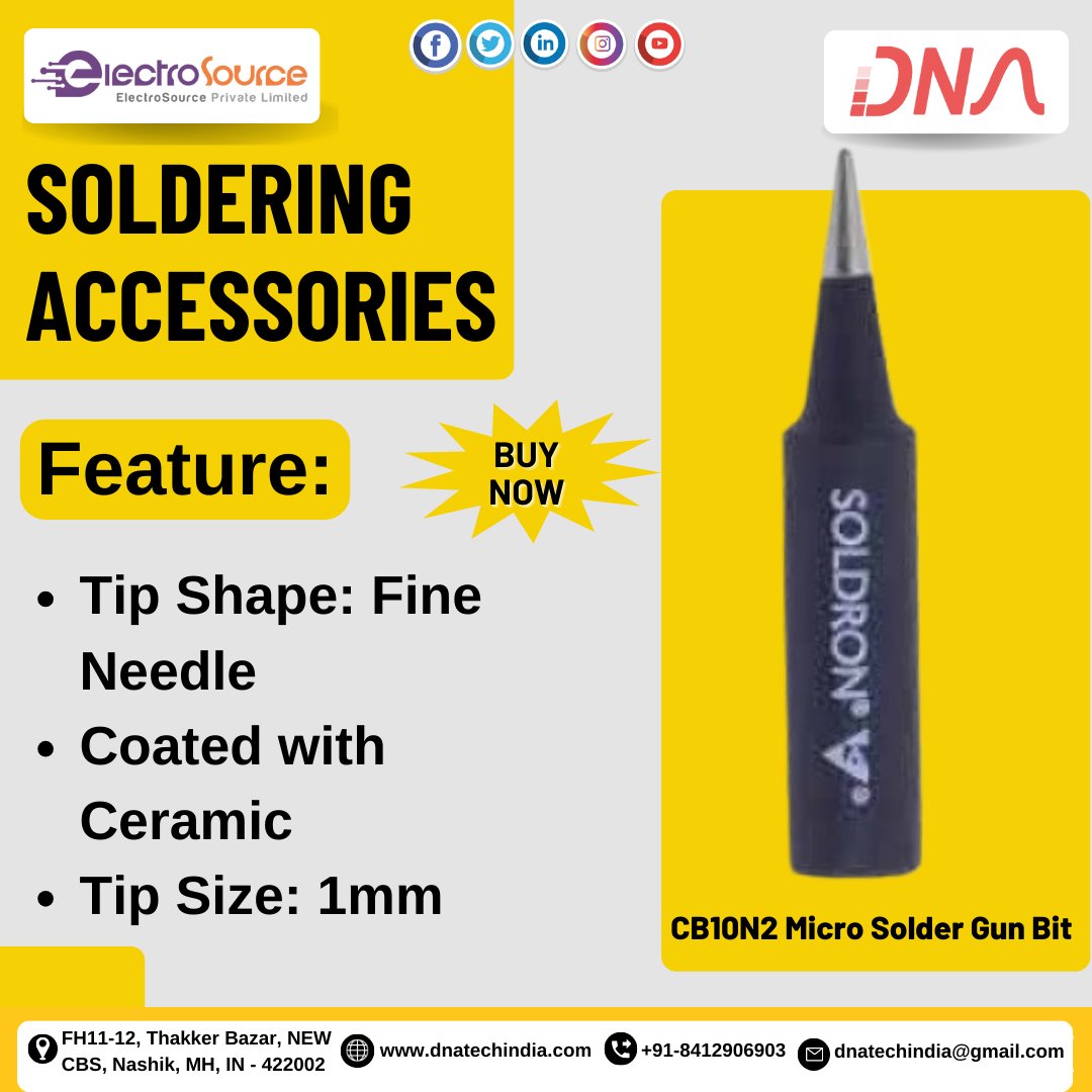 Soldering Accessories
CB10N2 Micro Solder Gun Bit
#soldering #accessories #micro #solder #gun #bit #tip #shape #fine #needle #coated #ceramic #size #electronic #ElectronicComponents #components #nashikcity
