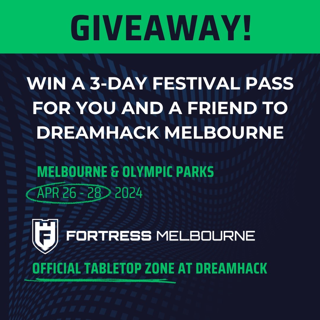 🎉 WIN a pass for you and a friend to @dreamhackau! 🎮 To enter our giveaway: 1️⃣ Must be following @FortressMelb 2️⃣ Tag the friend you're taking to DreamHack Melbourne 2024! 🎟️ Winners will be randomly selected and notified by DM on Tuesday 23 April.