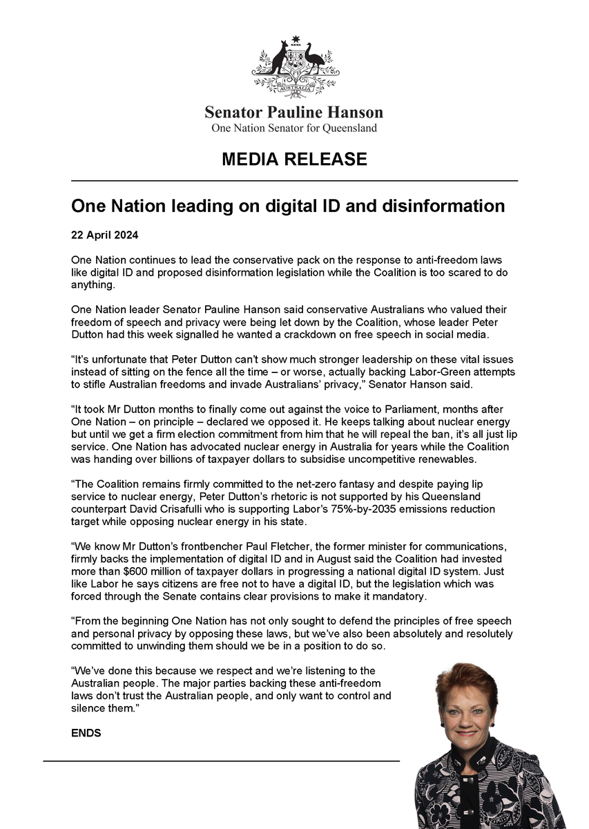 MEDIA RELEASE | One Nation leading on digital ID and disinformation One Nation continues to lead the conservative pack on the response to anti-freedom laws like digital ID and proposed disinformation legislation while the Coalition is too scared to do anything. One Nation