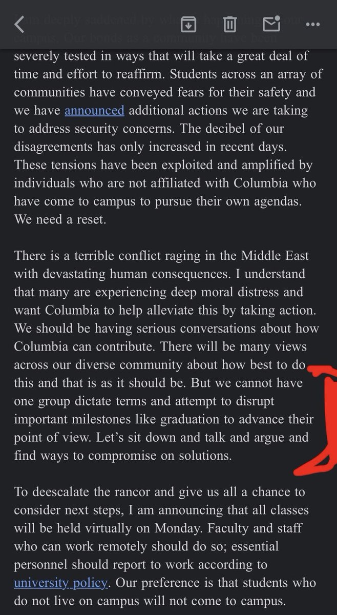 President Shafik, I welcome you to join us on the west lawn to “talk and argue and find ways to compromise on solutions”. Would love to hear from you directly— instead of sending the NYPD. 

#cu4palestine